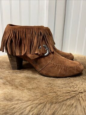 Born Thora Fringe Leather Ankle Boots 11 Booties Saddle Brown